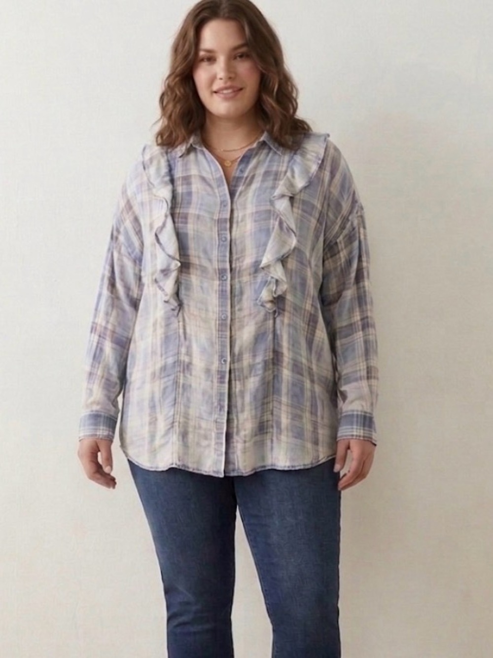 Plaid Ruffle Tartan Cotton Button Down Shirt Lightweight Large PAPER CRANE